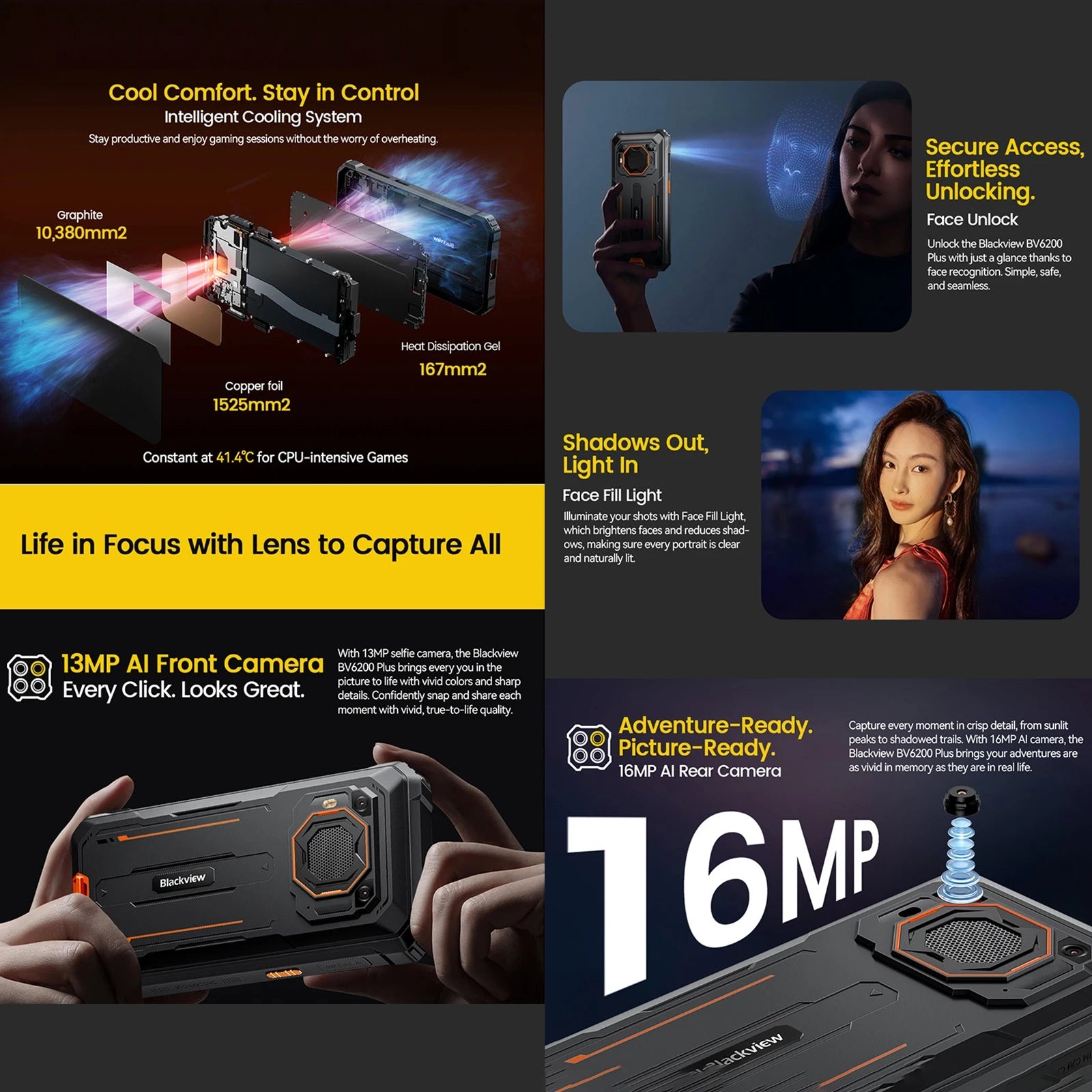 Blackview BV6200 Plus Rugged Phone 6.56inch HD+ Display 11000mAh Battery 13MP Camera 8GB+256GB NFC Android 14 Cellphone