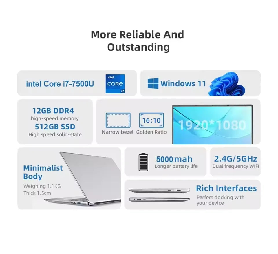 2025 Office Laptop Windows 11 intel core i7-7500U/intel Atom x7 A3950 14.1"  Notebook Computer 1920*1080P  12GB RAM 1/2TB SSD
