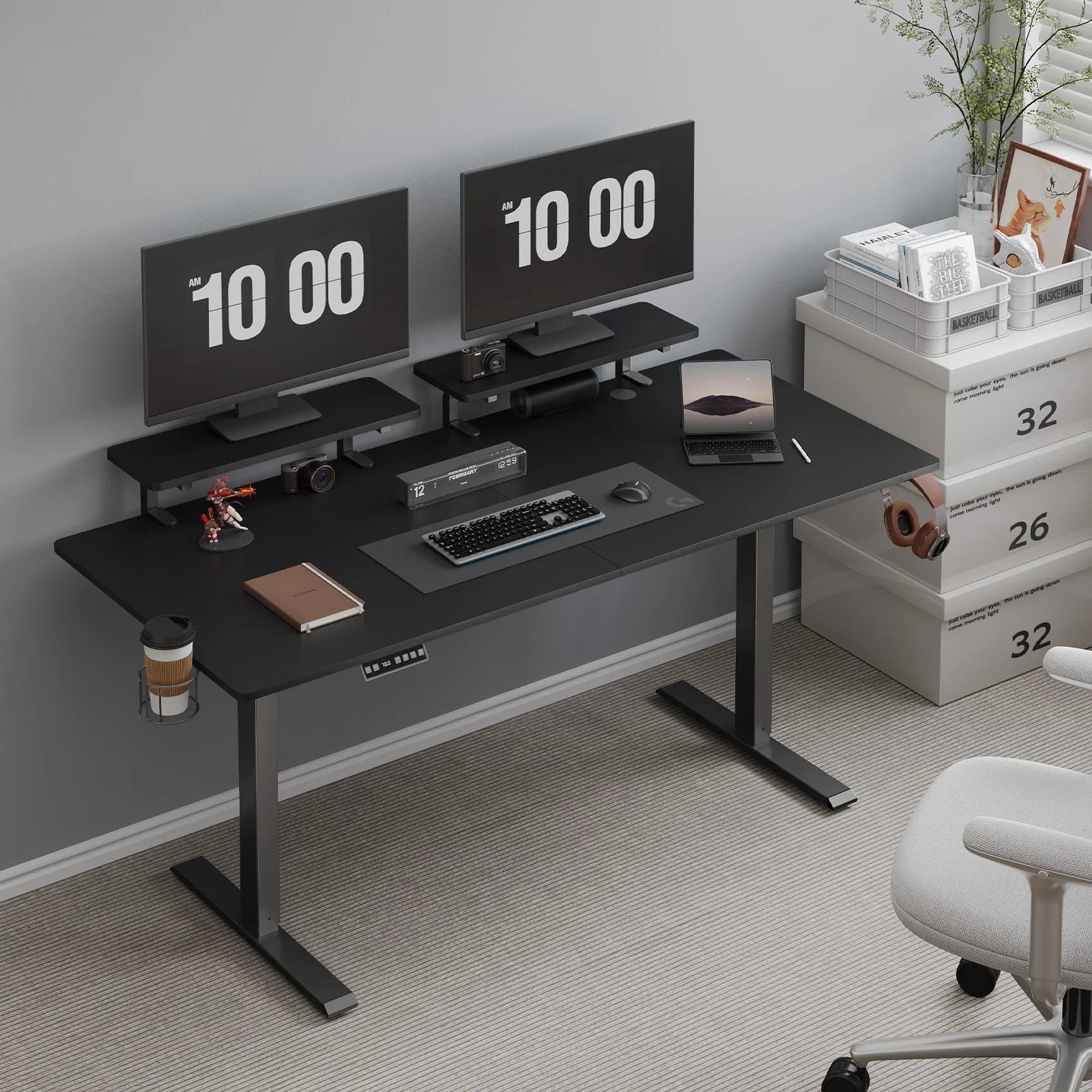 Standing Desk w/ 2 Adjustable Monitor Shelves,Electric Stand Up Desk with Memory Controller & Adjustable Height