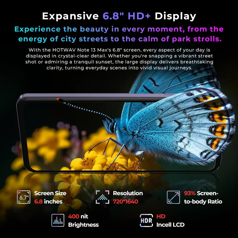 HOTWAV Note 13 Max Mobile Phone Android 14 6.8'' HD+ 16(6+10)GB 256GB Cellphone 48MP 5160mAh 9.2mm Ultra-Thin Smartphone