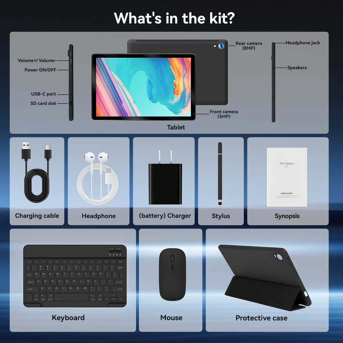 Tablet 10.1 Inch Android 15 Tablet 24GB RAM 128GB ROM (1TB TF) Octa-Core Dual Camera WiFi 6 Bluetooth Fast Charging PC Tablets