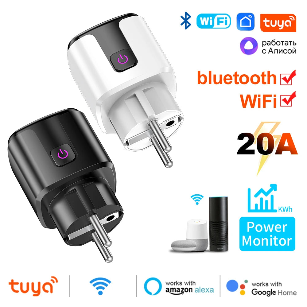 Tuya Smart WiFi+Bluetooth 20A EU Plug With Power Monitoring Socket Timer Outlet Child Lock Google Home Alice SmartThings Alexa