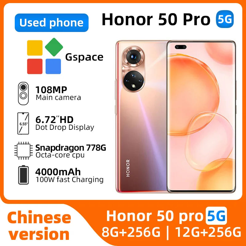 Honor 50 Pro 5G Android  6.72inch 120Hz CPU Snapdragon 778G OLED Screen  108MP Camera 4000mAh Battery Good Condition Used  Phone