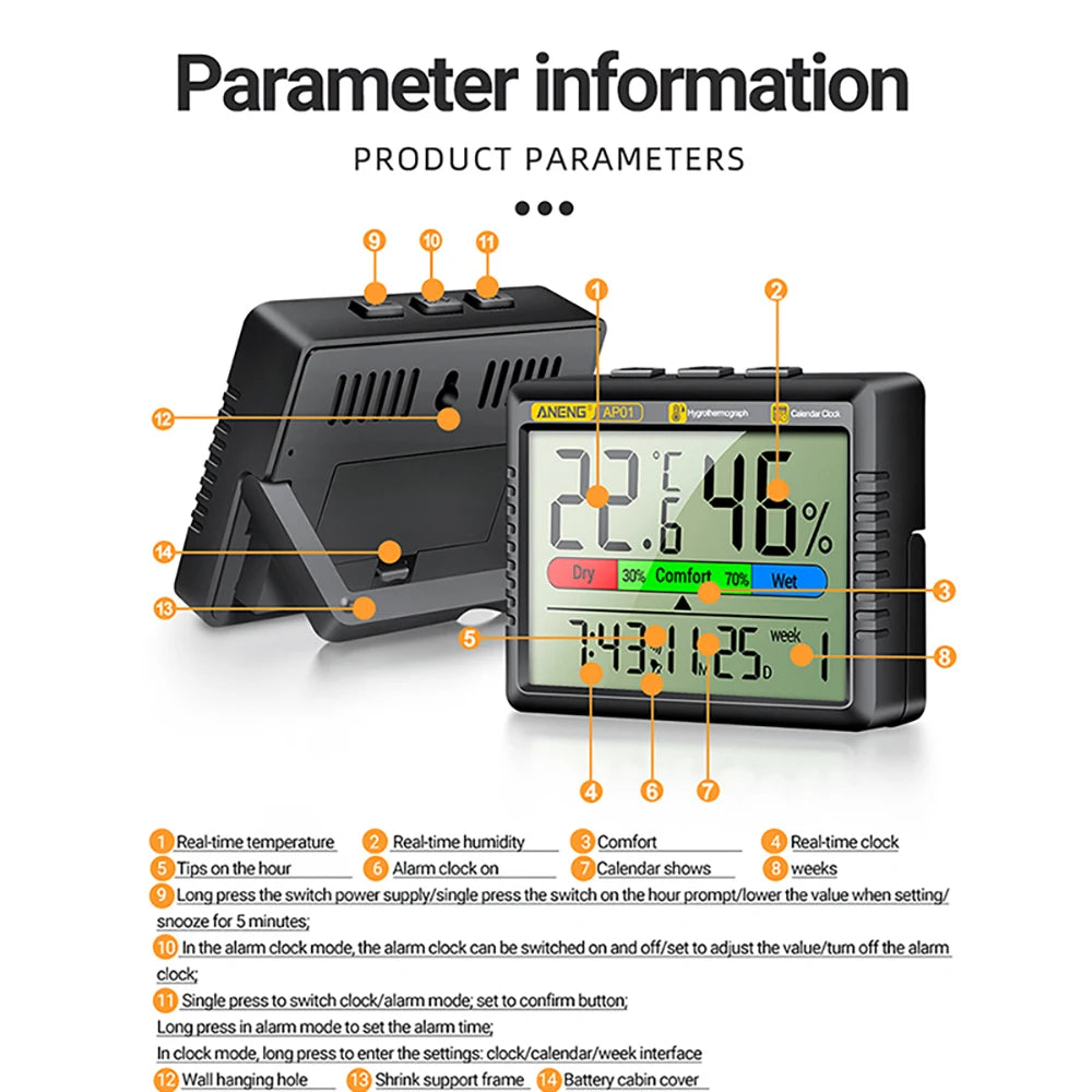 Multifunction Thermometer Hygrometer Automatic Electronic Temperature Humidity Monitor Clock Calendar  Week Large LCD Screen