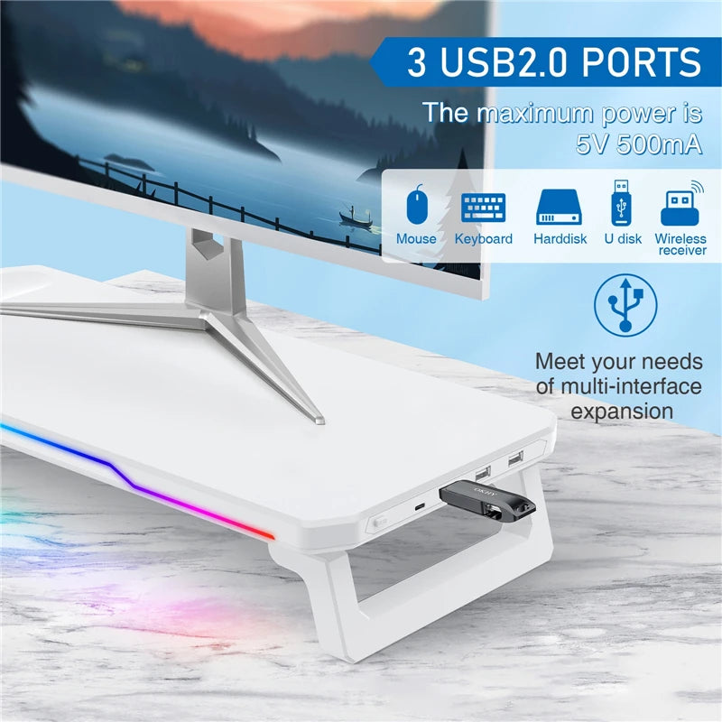 Computer Monitor Riser Stand Storage Rack with RGB Lighting + Wireless Charging + 3 USB Ports White Foldable Desktop Organizer