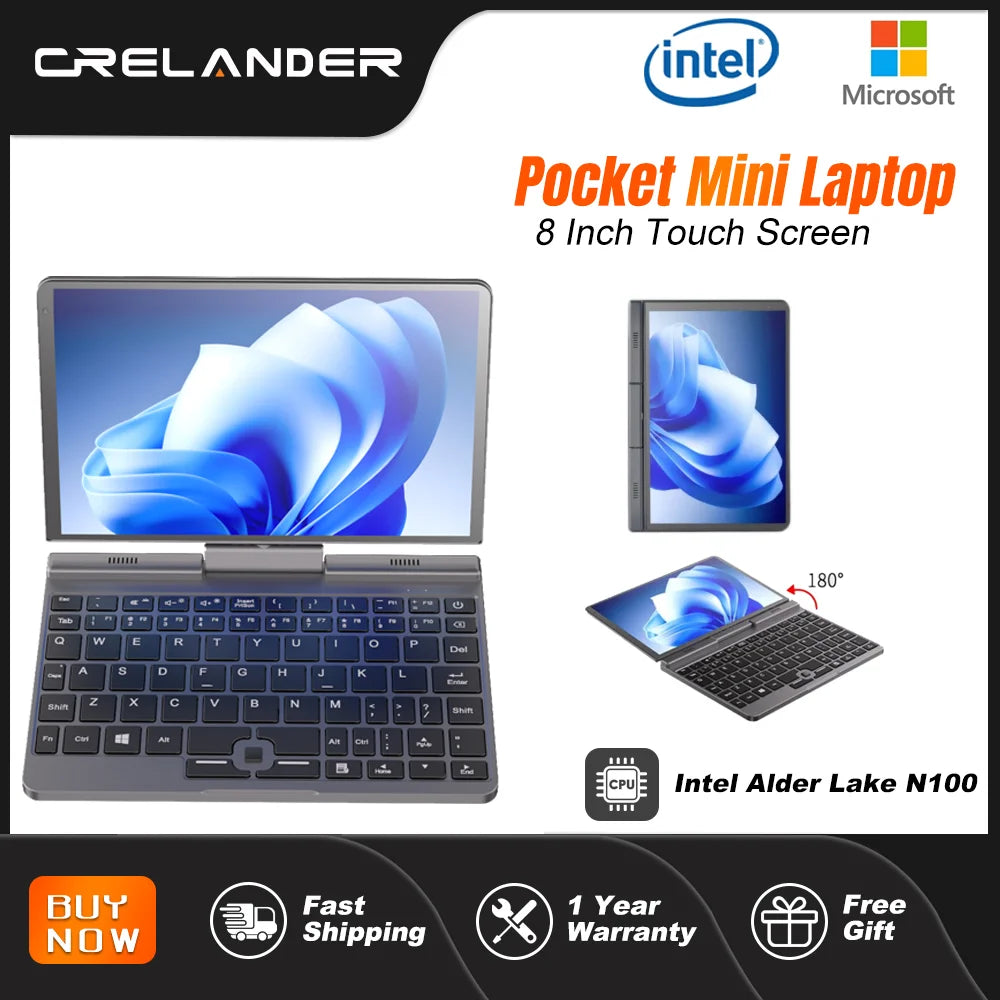 CRELANDER P8 8 Inch Mini Laptop Touchscreen Rotating 360 Degree Intel Alder N150 12GB WiFi6 Notebook Tablet PC Protable Laptops