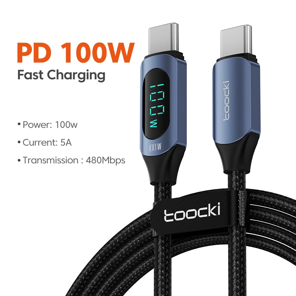 Toocki 100W USB C Cable for Samsung to 5A LED Digital Display High-Speed TypeC Wire for Xiaomi POCO Huawei USB Charger Data Cord