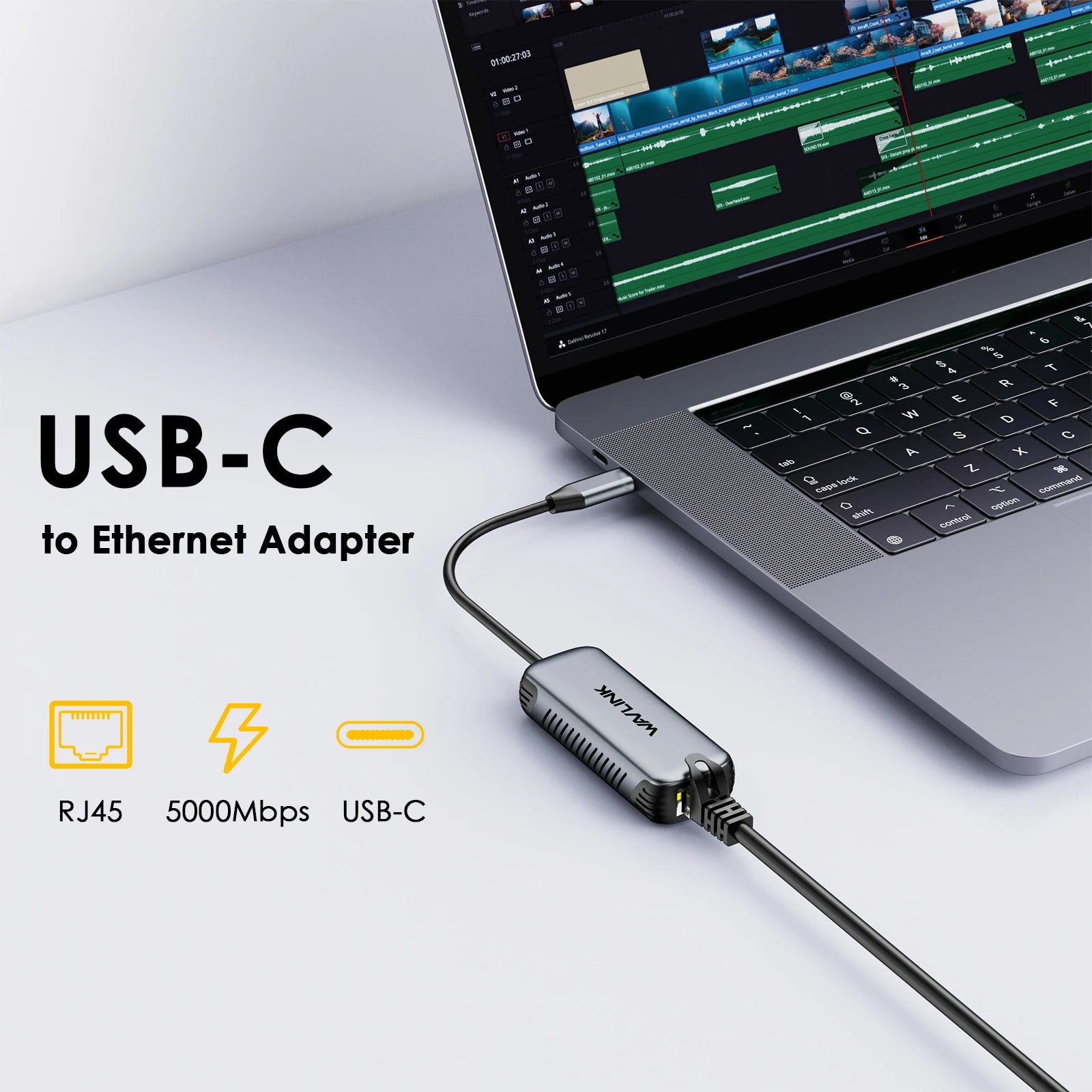 WAVLINK USB C to 5Gbps Ethernet Adapter Driver-Free RJ45 Gigabit Ethernet Network Adapter 95W For Laptop Windows 10/11 Mac OS 11
