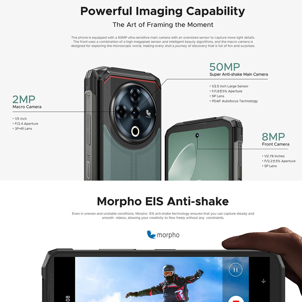 DOOGEE Fire 6 Power Rugged Phone Dual Light Flashlight 6.56-inch HD+ 90Hz Display 8GB+256GB 50MP Main Camera 15500mAh Cellphone