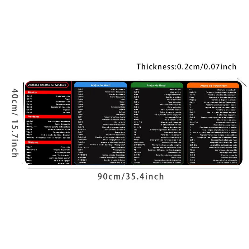 Spanish Excel Shortcuts Pattern Large Mouse Pad Office Desk Mat Computer Keyboard Pad Starters Gift for Office Workers Students