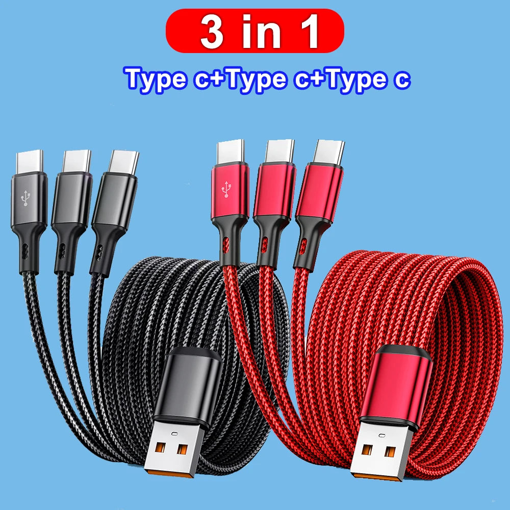 3 In 1 USB-Type C 100W Fast Charging USB A-3Type-C Data Cable For Samsung S24 Xiaomi Huawei Android USB C Data Transfer Cord