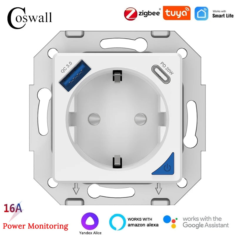 COSWALL DIY Module WIFI / Zigbee Smart EU Wall Socket With PD 20W Type-C & A Dual USB Fast Charger With Power Monitoring Alice