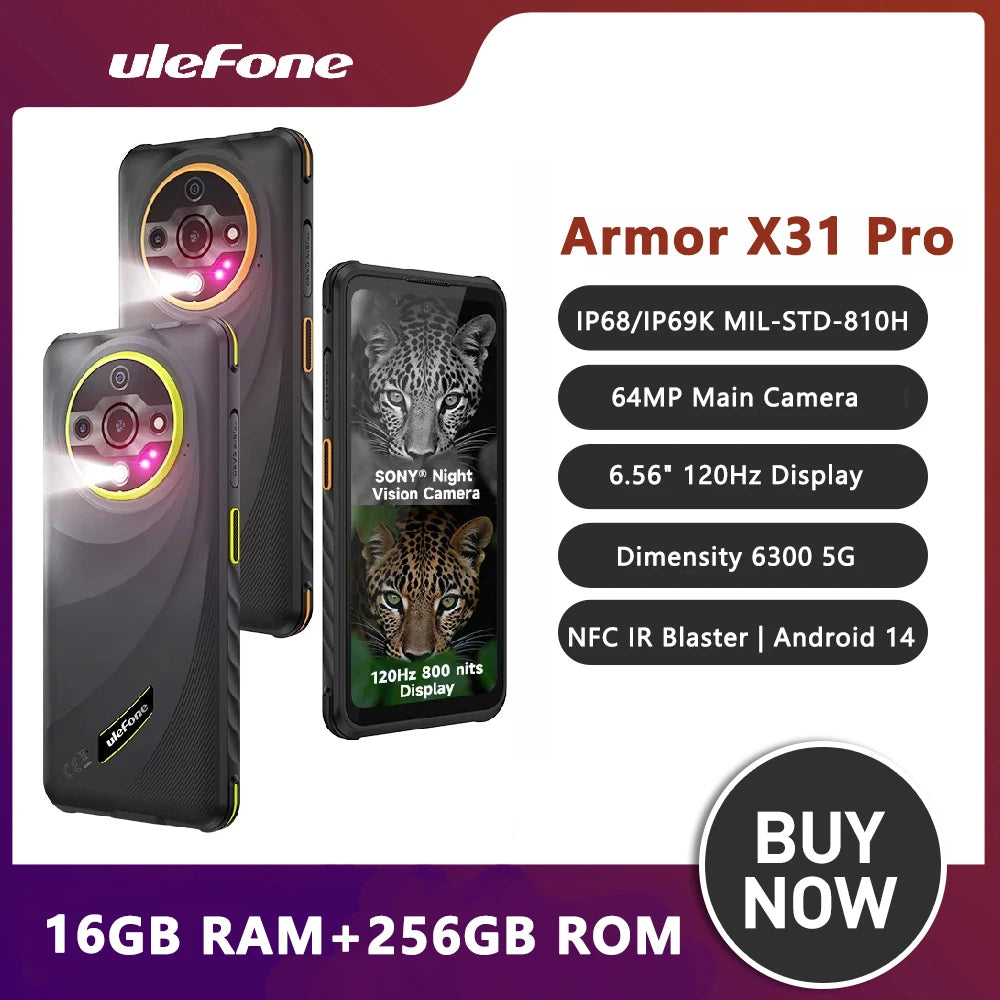Ulefone Armor X31 Pro 5G Rugged Smartphone 6.56" 120Hz Display Up to 16GB RAM 256GB ROM 64MP Camera Cell Phone NFC Android 14