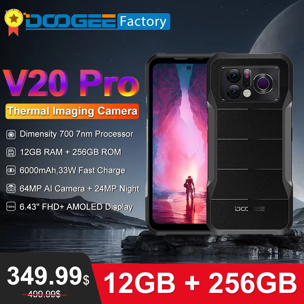 DOOGEE V20 Pro 5G Thermal Imaging Smartphone 12GB 256GB 6.43'' 2K Display Cellphones 64MP Camera 6000mAh 33W Charge Moible Phone