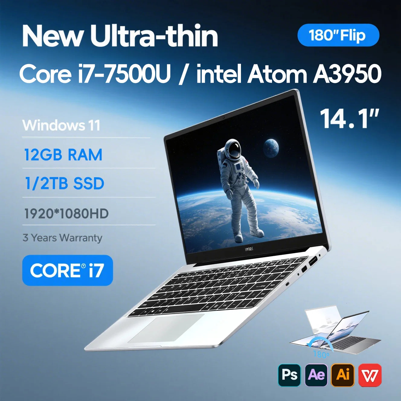 2025 Office Laptop Windows 11 intel core i7-7500U/intel Atom x7 A3950 14.1"  Notebook Computer 1920*1080P  12GB RAM 1/2TB SSD