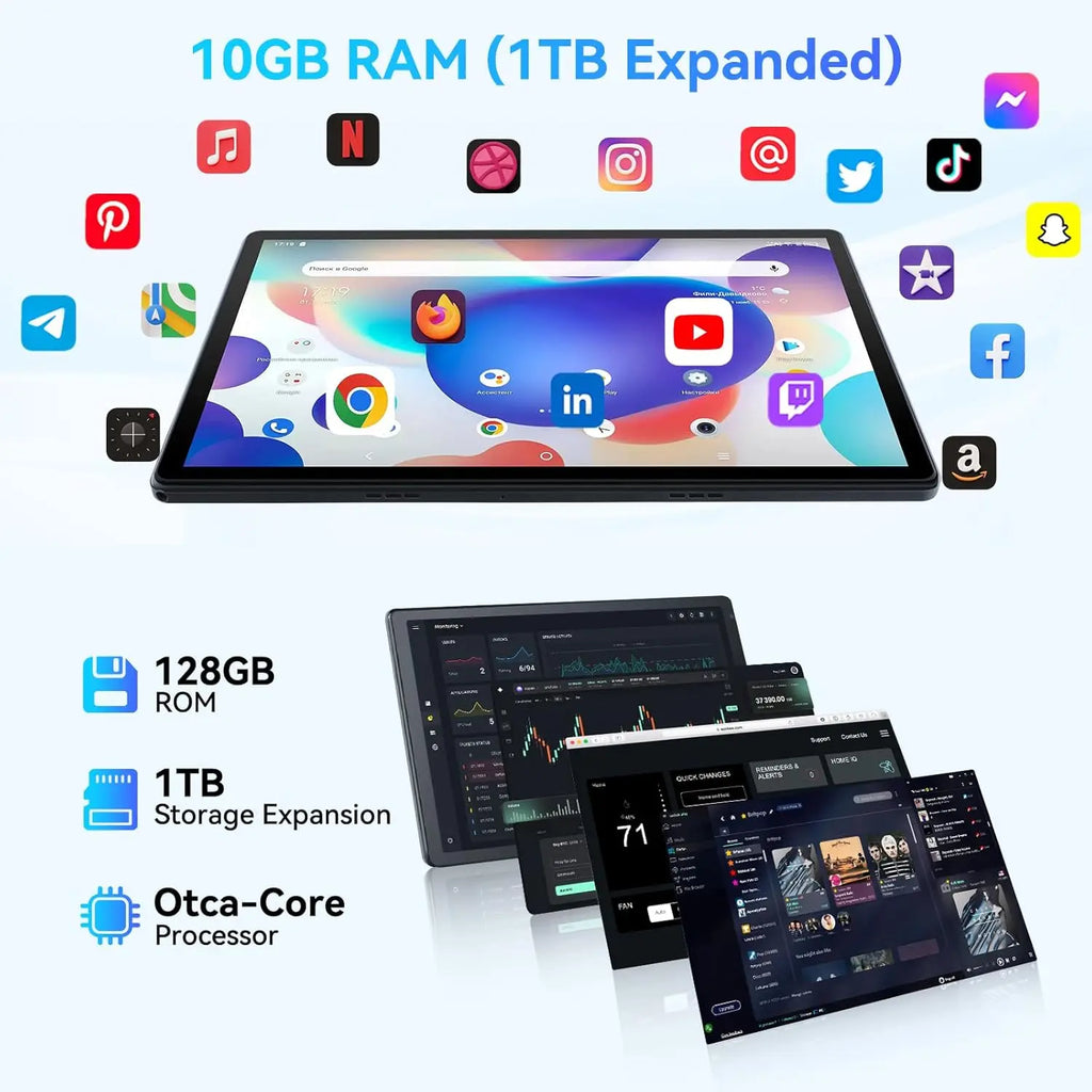 URAO C107 10 Inch Tablet Android 14 Tablets 10GB RAM 128GB ROM 1TB Expand Octa-Core Processor Widevine L1 Dual Camera BT WiFi FM
