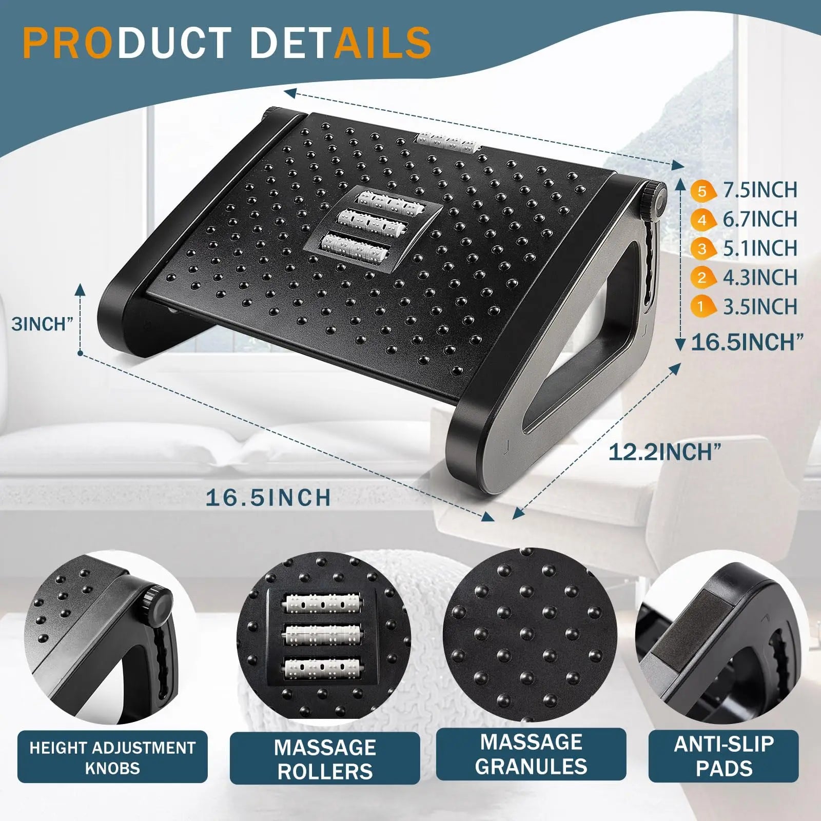 Foot Rest for Under Desk Adjustable Foot Rest Ergonomic Foot Stool Massage for Pressure Relief Portable Footstool Leg Rest Desk