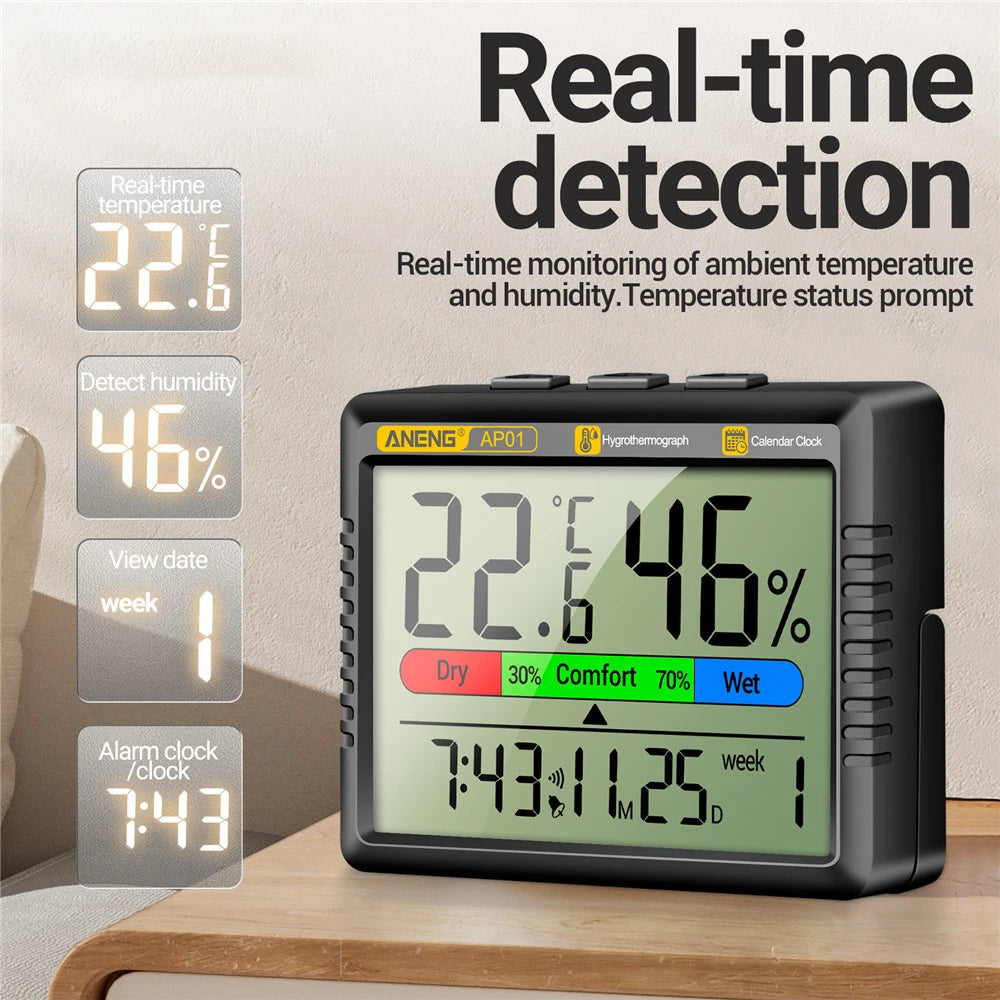 Multifunction Thermometer Hygrometer Automatic Electronic Temperature Humidity Monitor Clock Calendar  Week Large LCD Screen