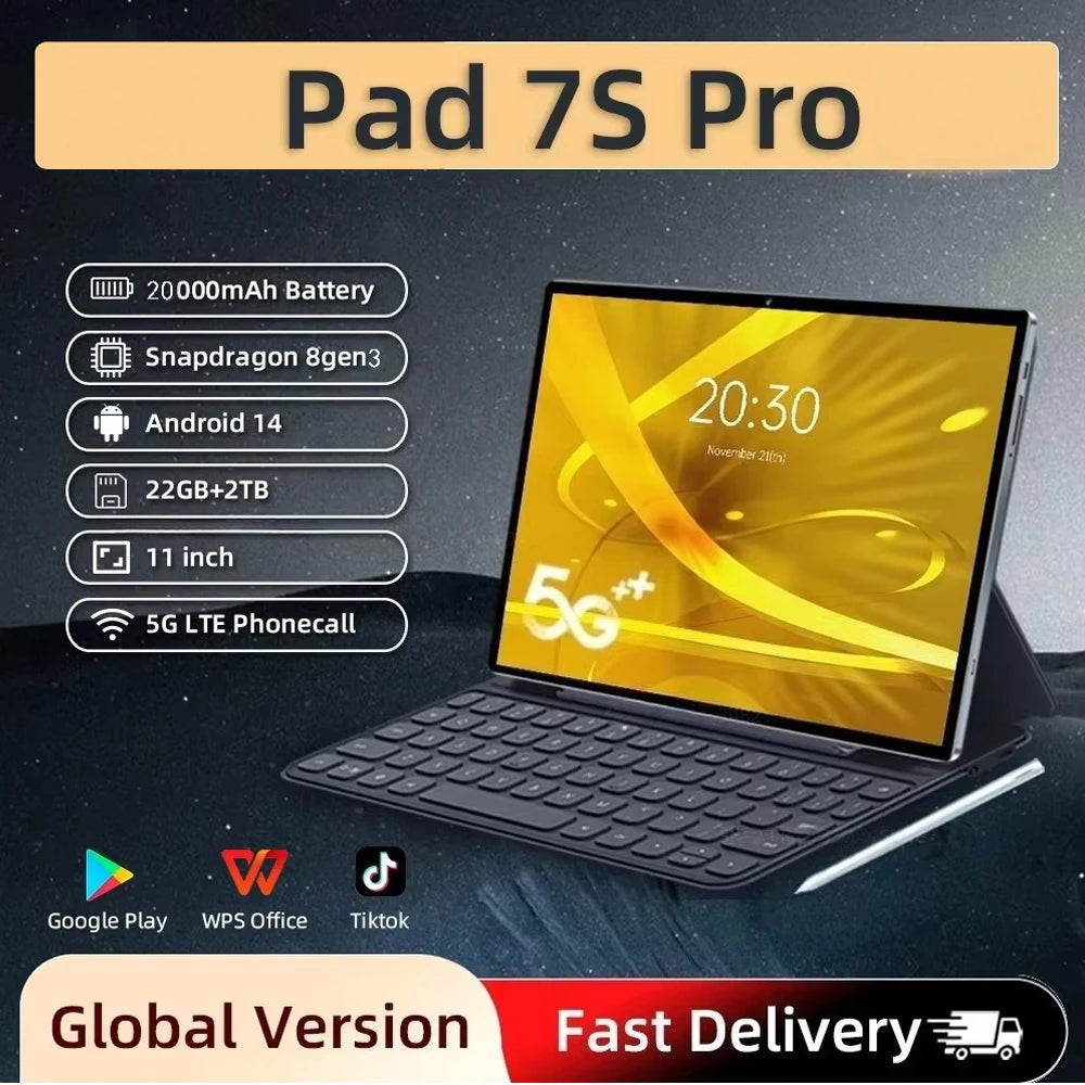 2025 NEW Original Pad 7S Pro Tablets 11 Inch Global Edition HD Android 14 Tab 22GB+2TB 20000mAh 5G Dual SIM Tablet PC