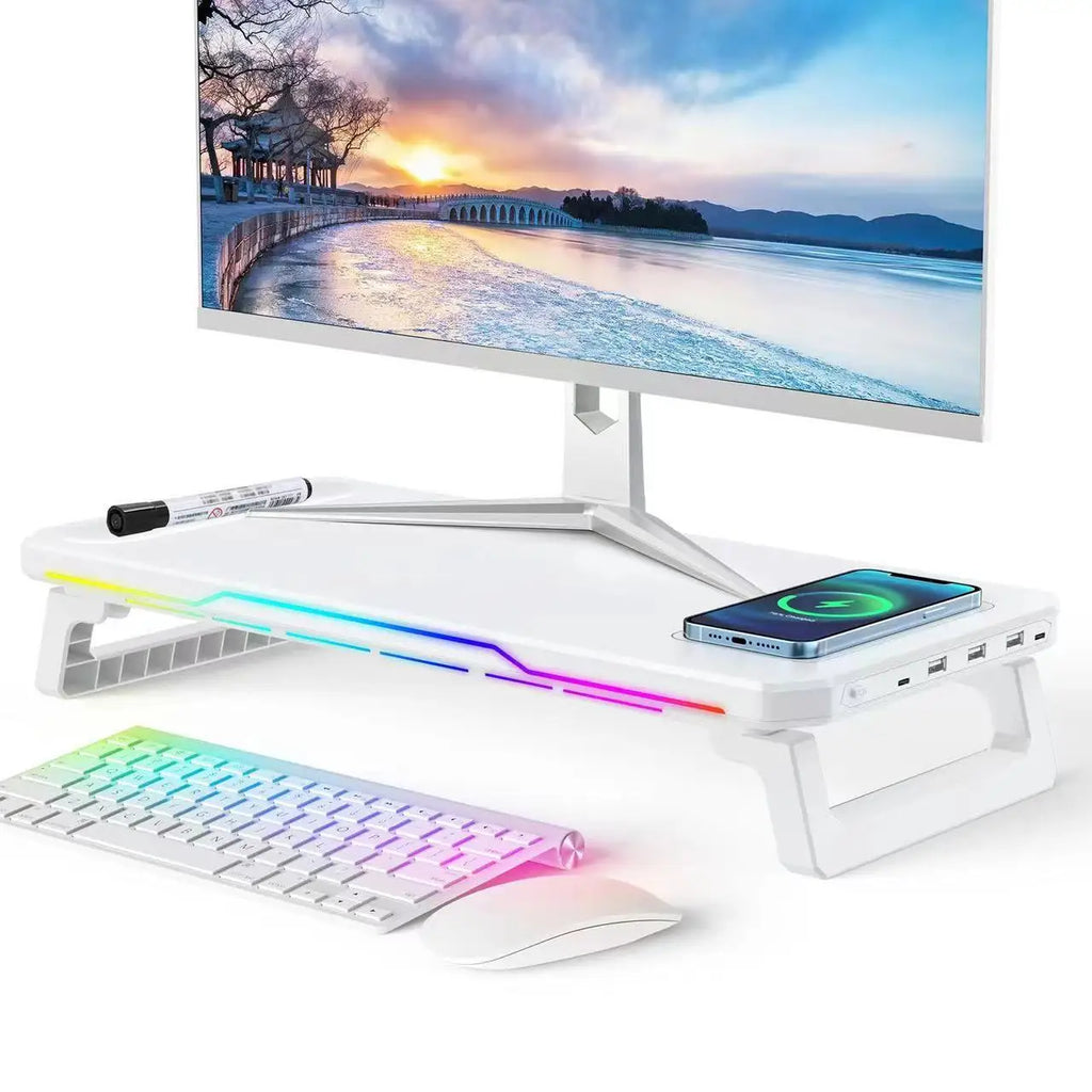 KSTOP Desktop Computer Monitor Stand Riser Bracket Dual RGB 3 USB 2.0 Organizer Foldable Storage Laptop Computer Screen Stand