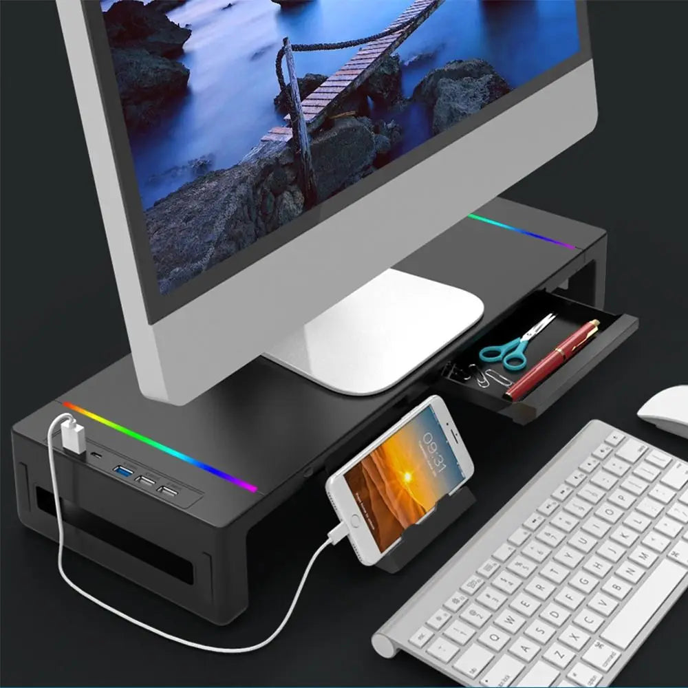 RGB Lights Monitor Stand Riser with USB USB 3.0 & 2.0 Hub Foldable Computer Display Stand Phone Holder Ergonomic Laptop Holder