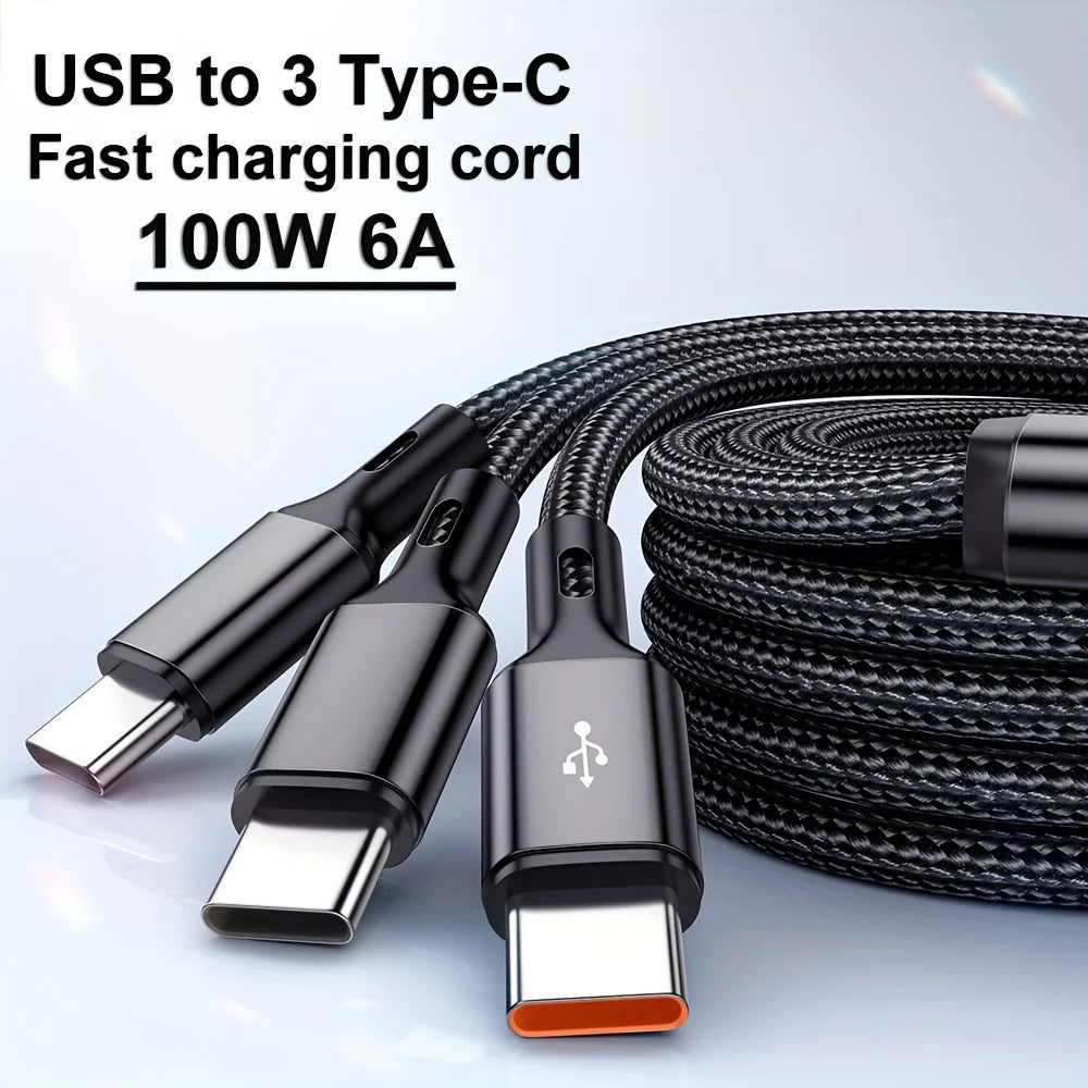 3 In 1 USB-Type C 100W Fast Charging USB A-3Type-C Data Cable For Samsung S24 Xiaomi Huawei Android USB C Data Transfer Cord