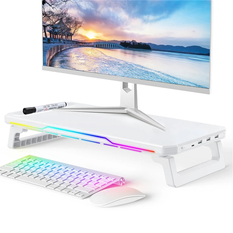 Monitor Stand Riser with 3 USB 2.0 Ports + Wireless Charging + RGB Lighting Foldable Office Computer Stand Storage Rack