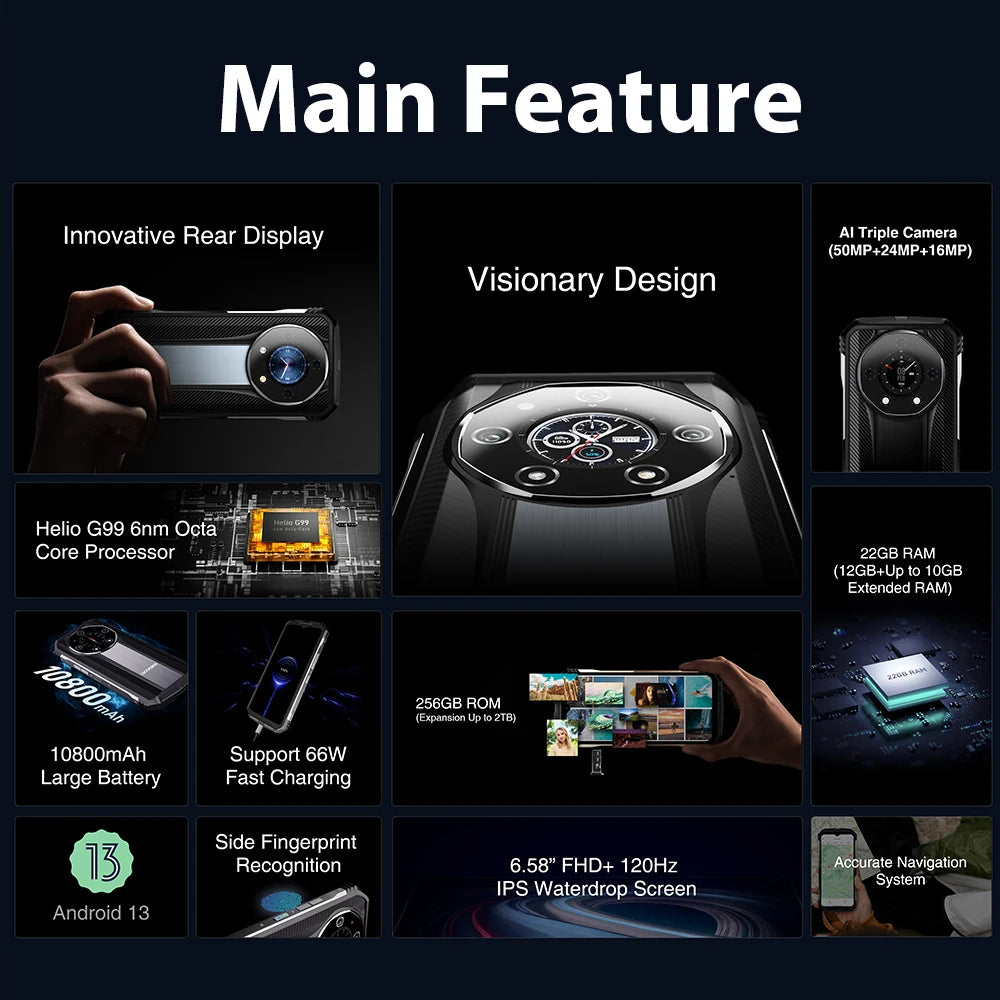 DOOGEE S110 12GB 256GB Smartphone Helio G99 Mobile Phone 6.58” FHD 120Hz Screen 10800mAh 66W Fast Charging Android 13 Cellphone