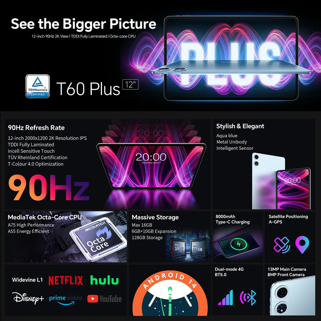Teclast T60 Plus 12" Tablet 90Hz 2K Display Android 14 Max 16GB RAM 128GB ROM MTK G88 Octa-Core 8000mAh Widevine L1 4G LTE GPS