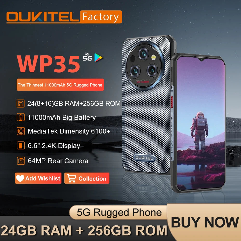 Oukitel WP35 5G Rugged Smartphone 24GB+256GB Android 14 6.6" 2.4K 11000mAh Mobile Phone  64MP Camera NFC Cell Phone