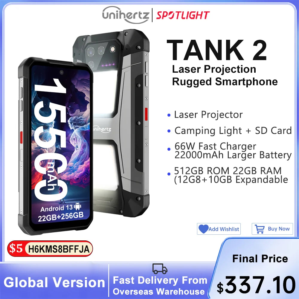 Unihertz 8849 tank 2 powered projector smartphone 22GB 256GB camping light cellphones 108mp G99 64MP night vision mobile phones
