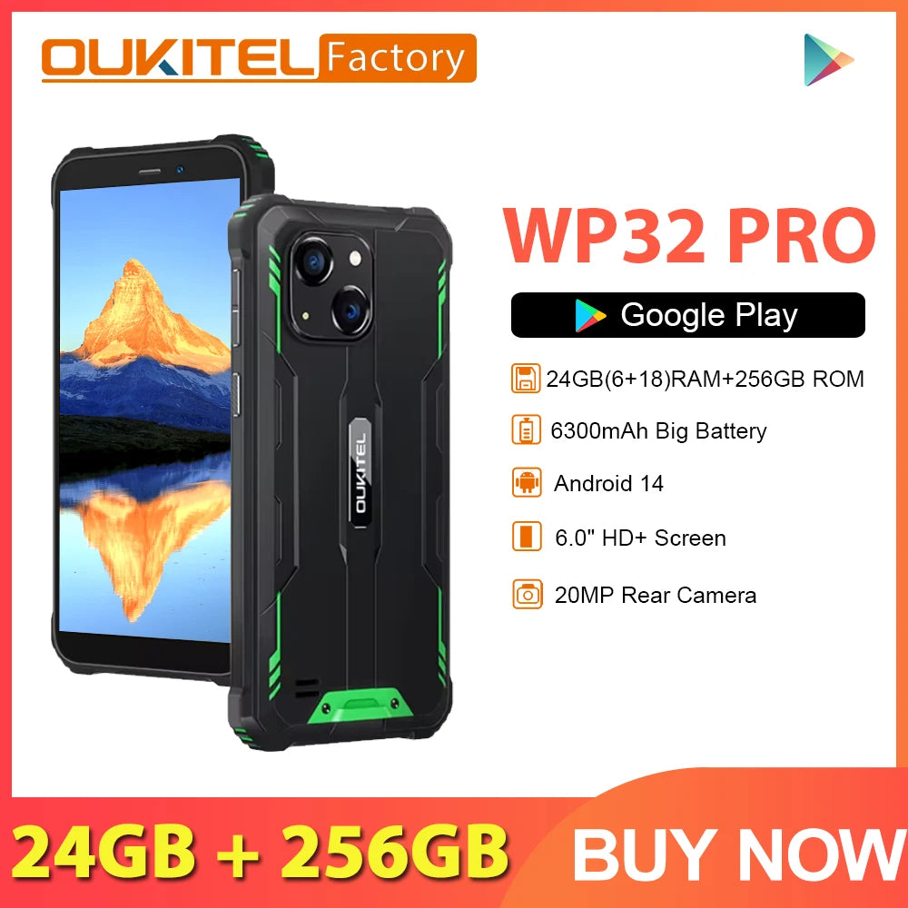 Oukitel WP32 Pro Rugged Smartphone 24GB+256GB 6" HD 20MP Cellphone NFC 6300mAh Octa Core Mobile phone
