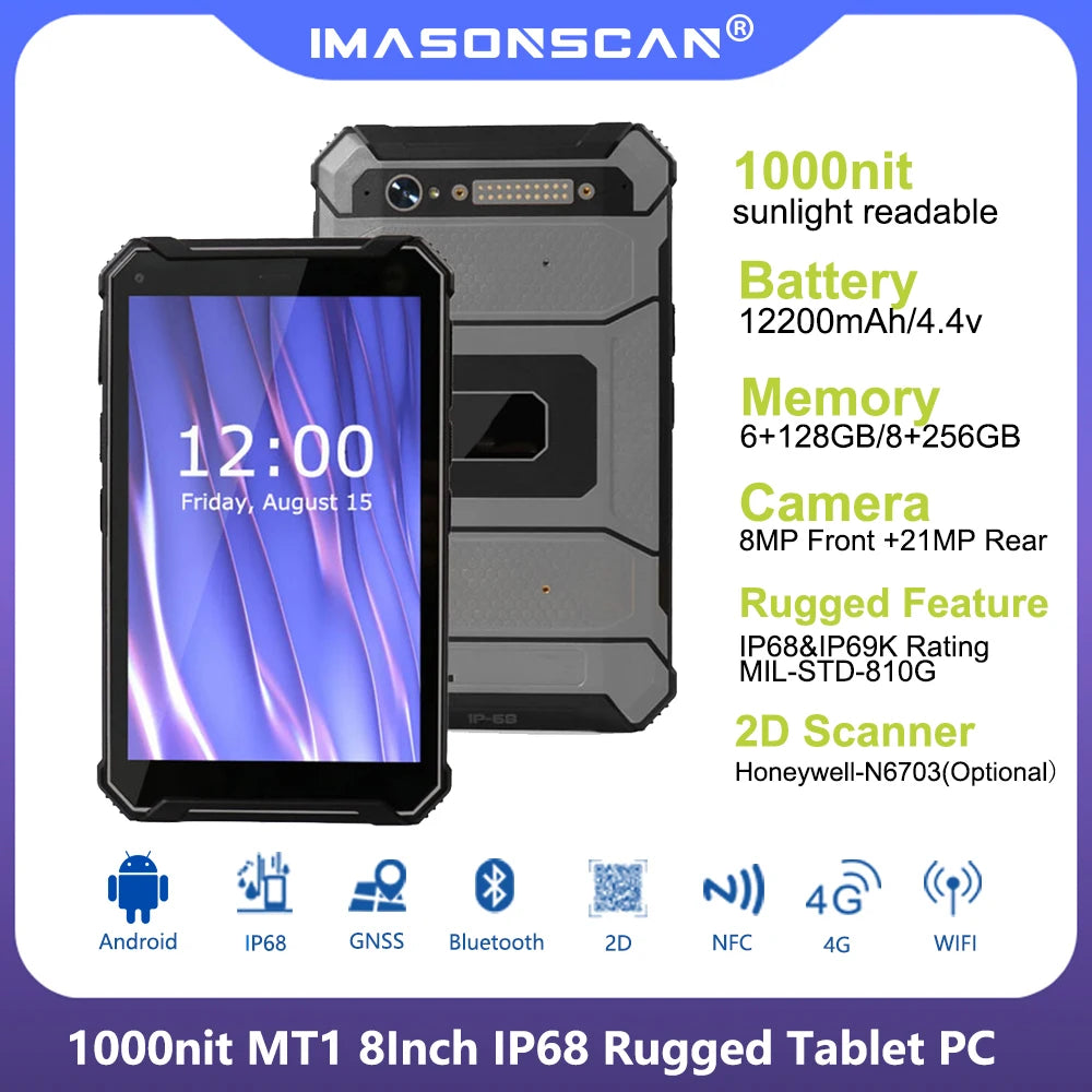 8 Inch 1000Nit Sunlight Readable Rugged Android Tablet PC IP68 Waterproof 6+128GB for DJI Drone Monitor Motorcycle Navigation