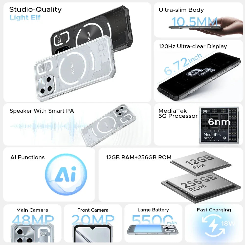 DOOGEE Blade GT 32GB(12+20) 256GB LED Light Effect 5G Smartphone 6.72'' FHD+ 120Hz 5500mAh 48MP Android 14 Cellphone