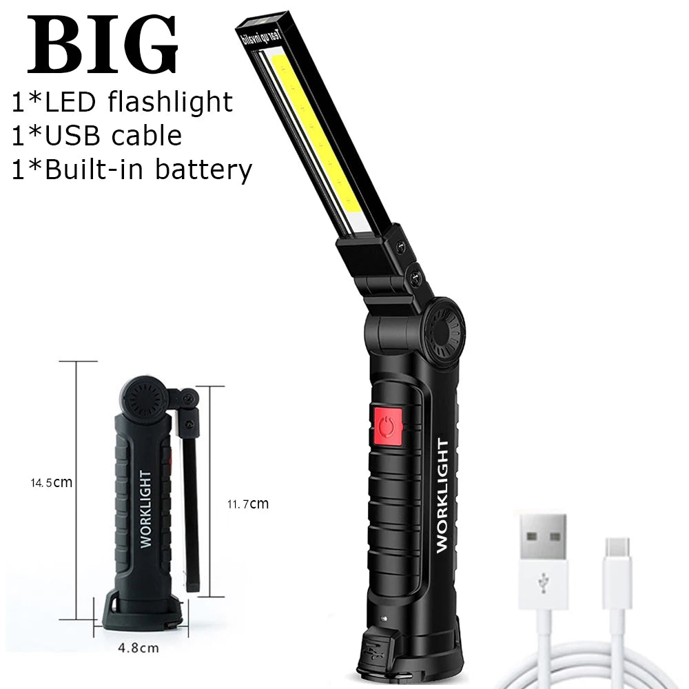 Rechargeable LED Emergency Flashlight Portable COB Folding Work Light 5Modes Waterproof Camping Floodlight With Magnetic & Hook