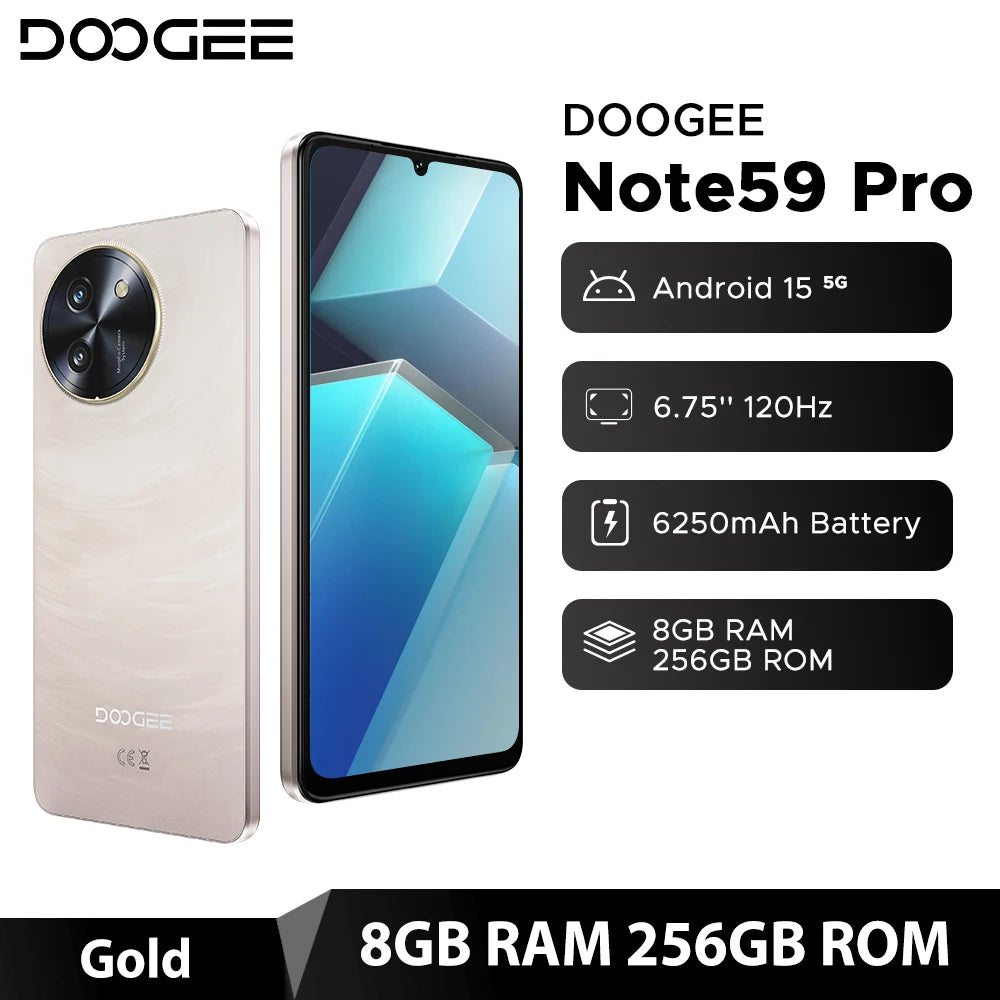 Global Version DOOGEE Note59 Pro 5G Smartphone Android 15 Mobile Phone 8GB RAM 256GB ROM 6.75" HD+ 6250mAh Battery NFC Cellphone