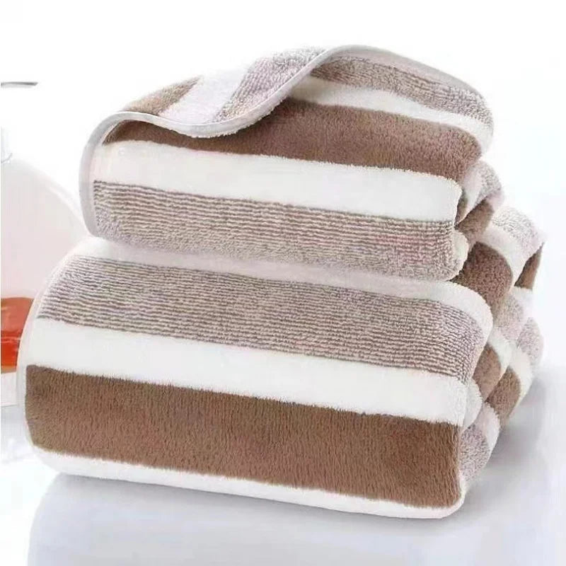 Optimized Title: Thickened Coral Fleece Bath Towel - Soft Absorbent Wide Stripe, 3 Colors Unisex Home Use