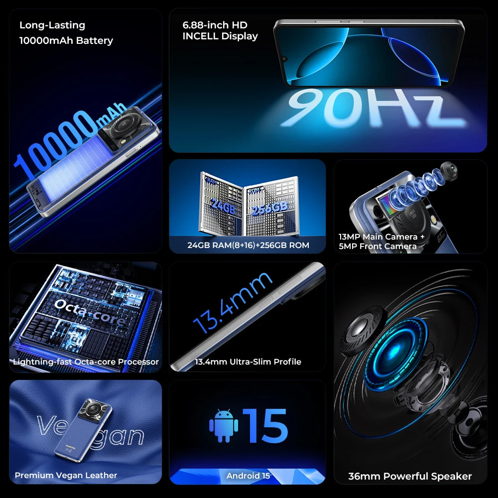 Oukitel C60 PRO smartphone 10000mAh Battery 24GB+256GB 6.88"HD 90Hz Android 15 13.4nm 36mm Powerful Speaker cell phone