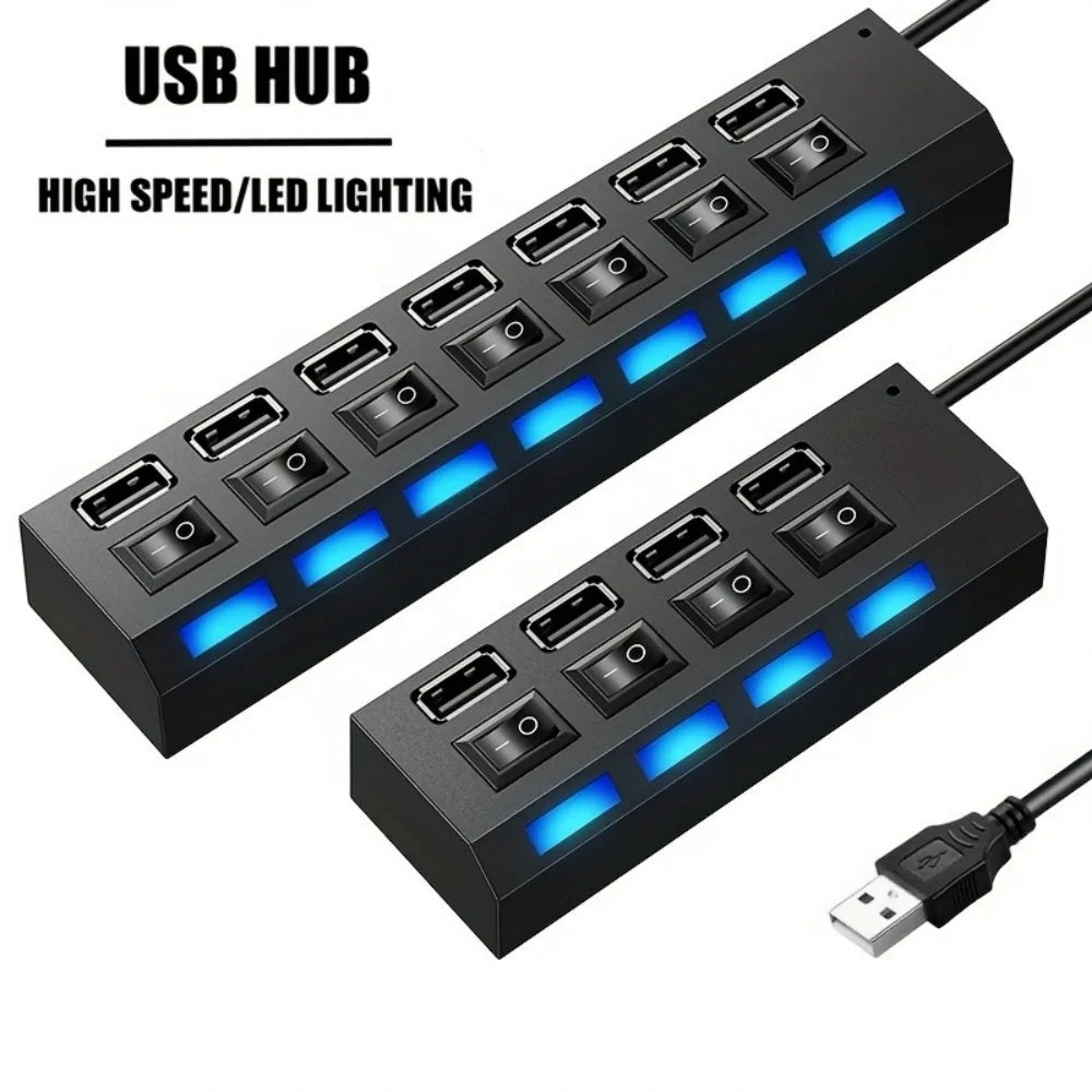 USB 2.0 Hub Multi USB Splitter Hub Use Power Adapter 7 Port Multiple Expander 2.0 USB Hub with Switch For PC