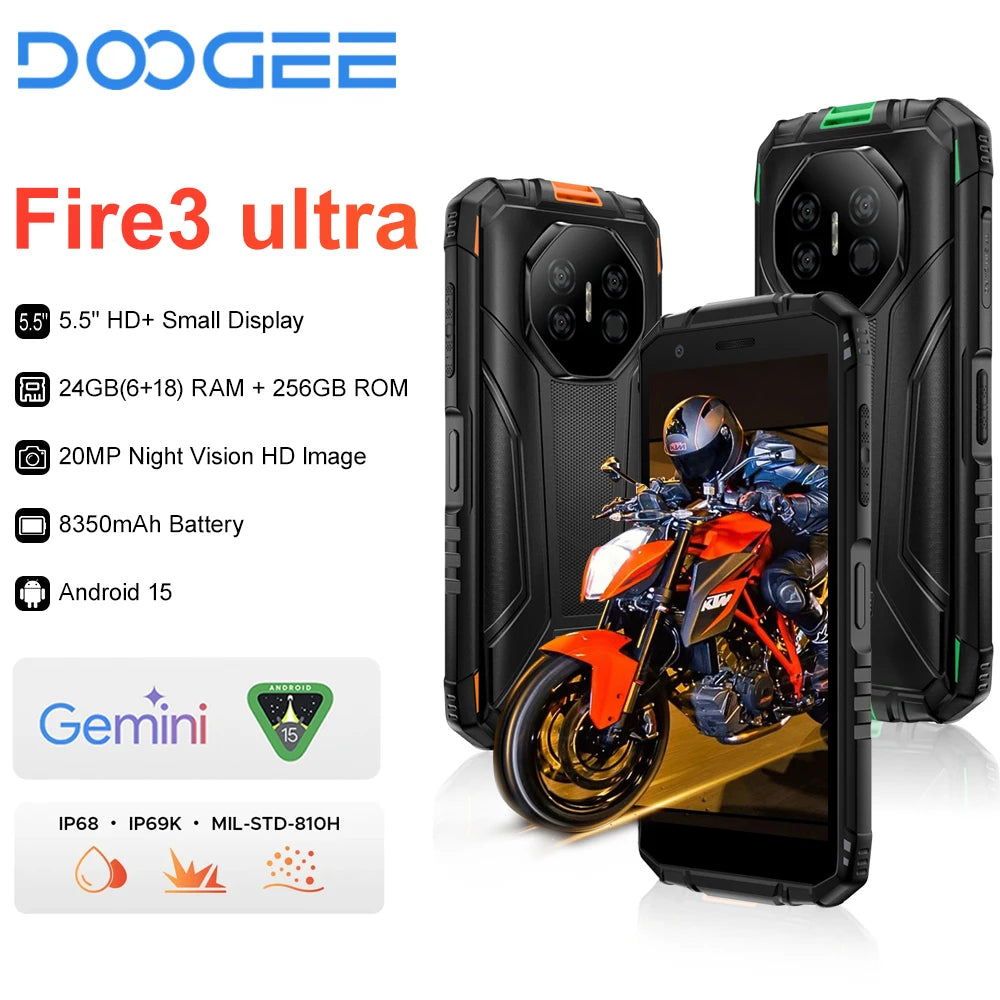 2025 NEW DOOGEE Fire 3 Ultra Rugged Smartphon 5G 5.5" HD 24GB RAM 256GB ROM Cell Phone 8350mAh Android 15 NFC Telephone Portable