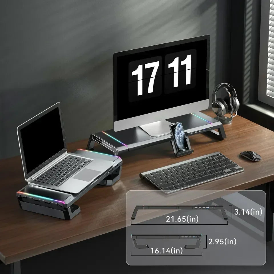Hot sell 4USB PC Monitor Stand Keyboard Storage Space Bar Aluminum Laptop Monitor Stand With USB3.0 Fast Charging