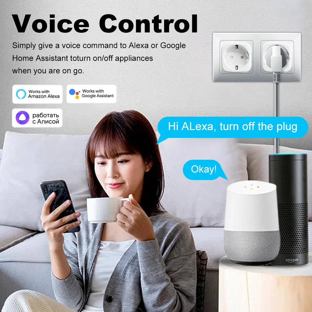 Tuya Smart WiFi+Bluetooth 20A EU Plug With Power Monitoring Socket Timer Outlet Child Lock Google Home Alice SmartThings Alexa