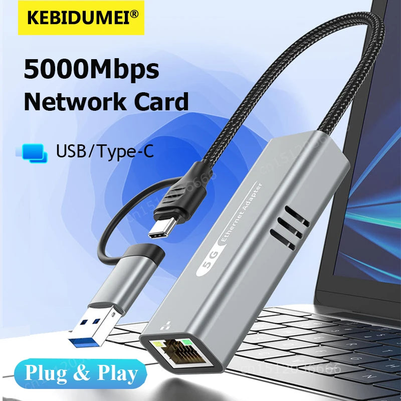 USB to 5Gbps Ethernet Adapter USB3.2 to RJ45 RTL8157 Chip Network Converter Support 5G/2.5G/1G/100Mbps for PC Windows 11 Laptop