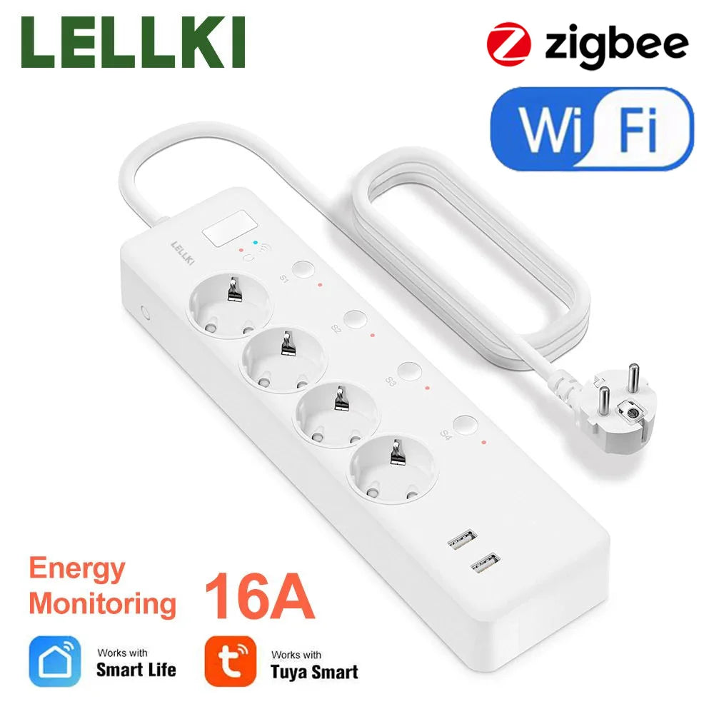 LELLKI Zigbee Power Strip Energy Monitoring Wifi Smart Usb Socket 220V Eu Korea Plug Tuya Smart Life Home Alexa Google Yandex