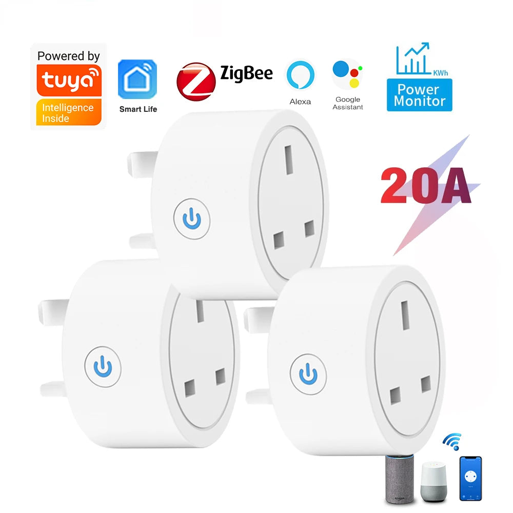 20A Tuya Zigbee Smart Socket UK Plug Adapter Power monitoring with Zigbee Hub for Intelligent Control Support Google Home Alexa