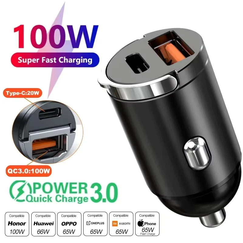 200W Car Mobile Phones Fast Charger Dual USB Quick Charger 3.0 USB Type C 12-24V Lighter Fast Charging Car Power Charger Adapter