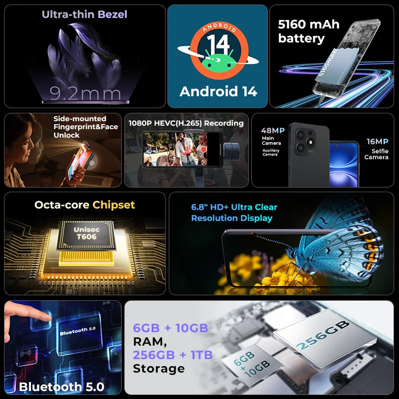 HOTWAV Note 13 Max Mobile Phone Android 14 6.8'' HD+ 16(6+10)GB 256GB Cellphone 48MP 5160mAh 9.2mm Ultra-Thin Smartphone