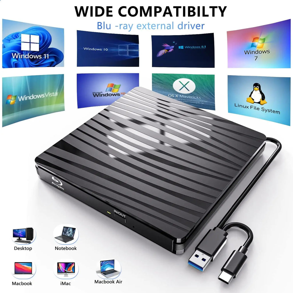 USB3.0 External Blu-ray Optical Drive for Laptop PC Windows 11/10 Mac Portable 3D BD-RW Drive BD DVD CD Player Burner Reader