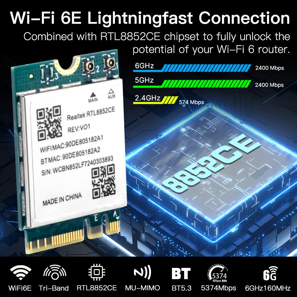 WiFi 6E RTL8852CE M.2 Network Card 5400Mbps 802.11AX Bluetooth 5.3 Wireless Adapter Tri Band 2.4/5/6GHz for Windows 10/11