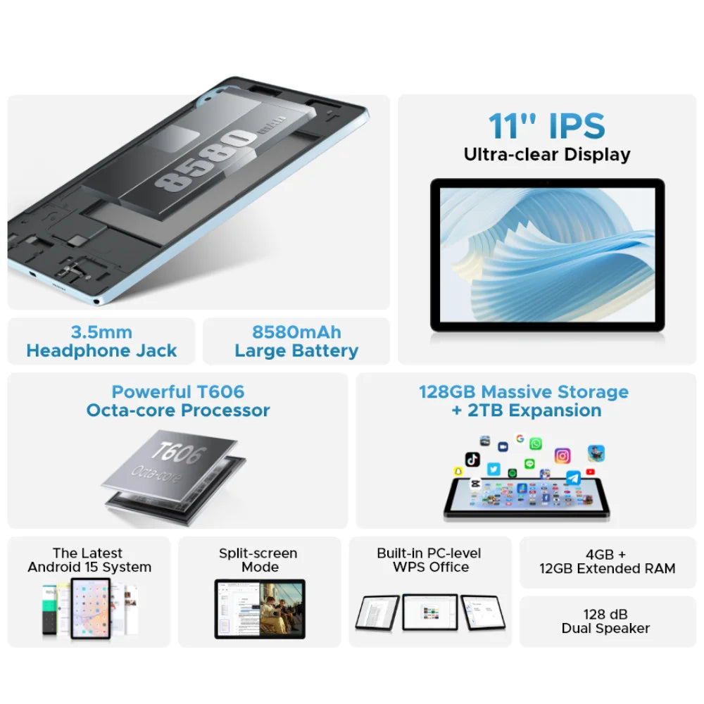 DOOGEE U11 Android 15 Tablet 11" Ultra-clear 90Hz Display 16GB(4+12) 128GB 8580mAh Battery Unisoc T606 octa-core Dual Speaker